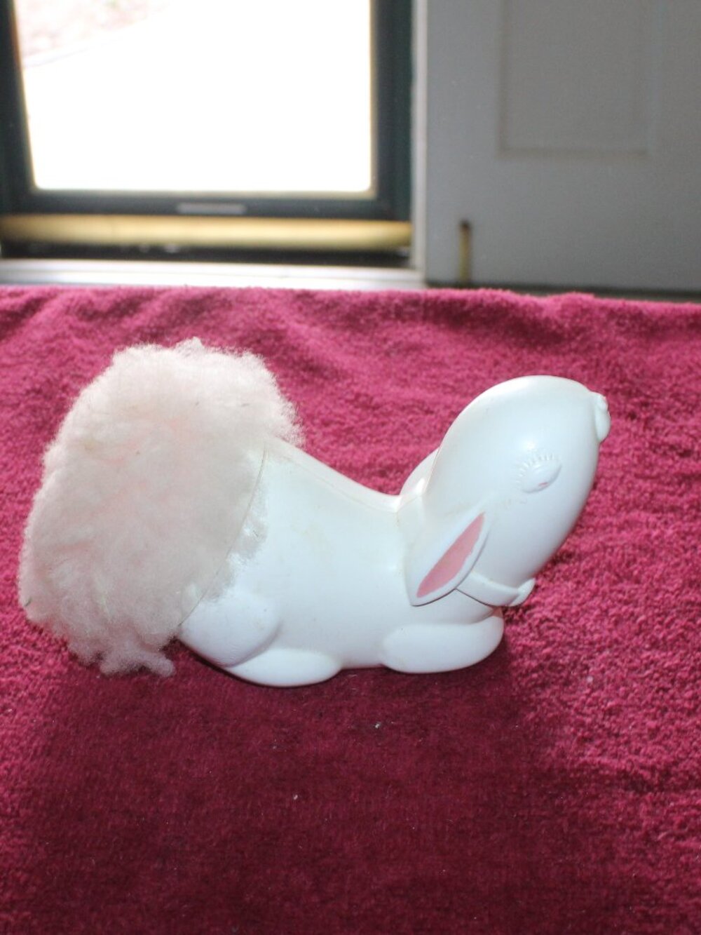 Vintage 1970s Avon Bunny Fluffpuff, white plastic rabbit body & pink fluffy tail